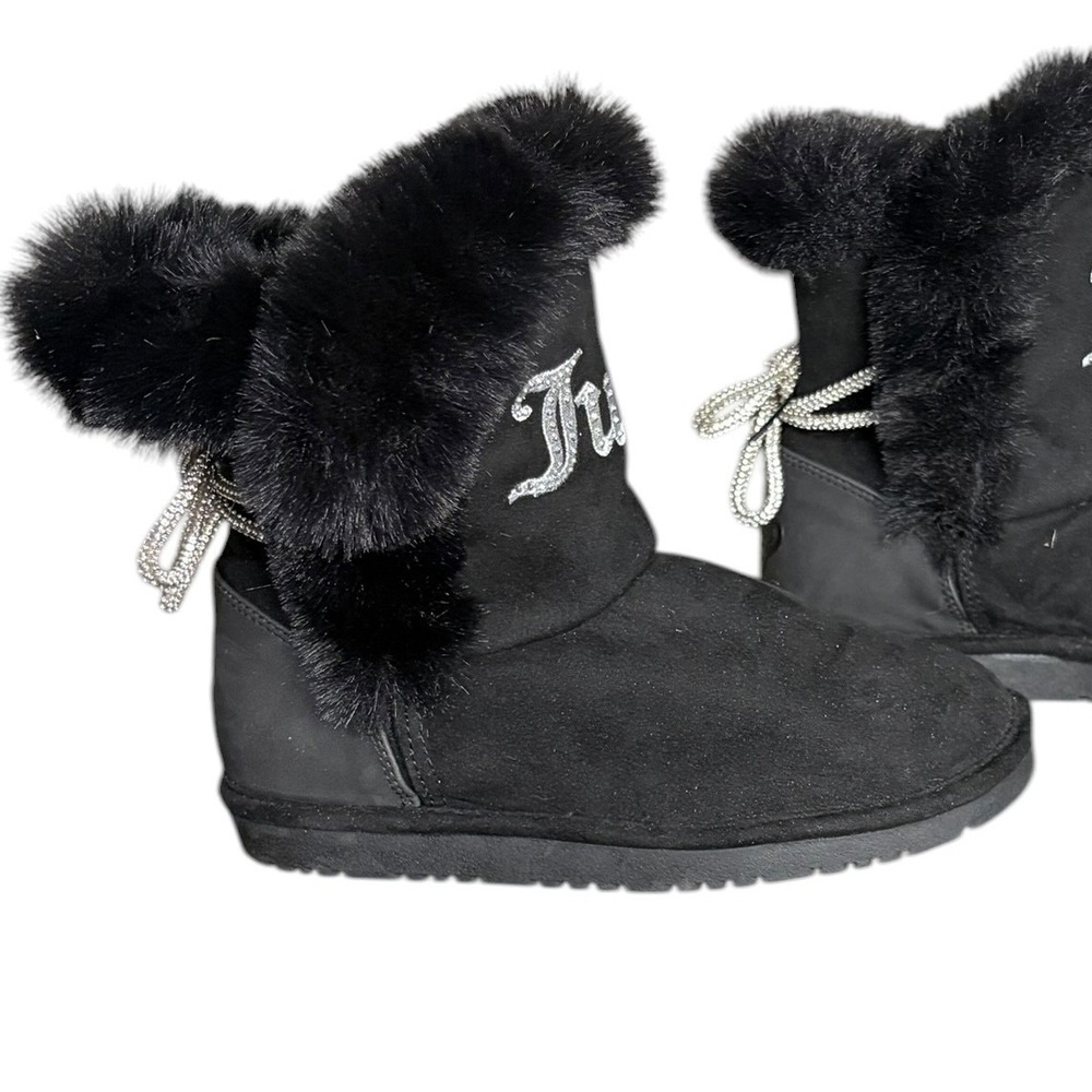 NWT Juicy Couture Black Faux‎ Fur Boots Rhinestone Bow Glitter Logo Kid's Size 1 - Picture 3 of 9
